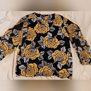 Alfani Floral Black Blouse with Yellow and Gray Accents